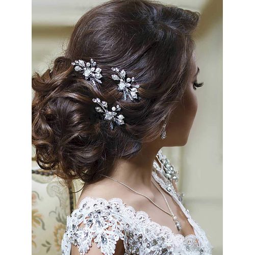 Zoestar Wedding Flower Hair Pins Pearl Bride Headpiece Bridal Crystal Hair Pieces Accessories for Women, 3 Pcs (Gold)