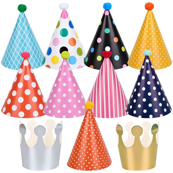 Chstarina 11pcs Party Hats, Birthday Cone Party Hats with Pom Poms, Paper Party Hats for Children, Cake Birthday Party Cone Hats for Girls Boys Adults, Party Decorations (9 Hats + 2 Crowns)