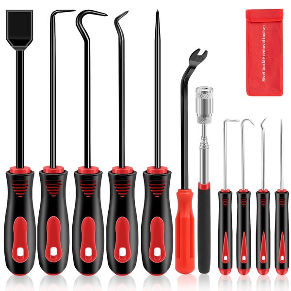 Etre Jeune 11 Pcs Pick and Hook Set, Pick Tool Set for Car Auto Oil Seal/O-Ring Seal Hoses Gasket, Puller Remover with Scraper and Magnetic Telescoping Tool Kit, Black&Red