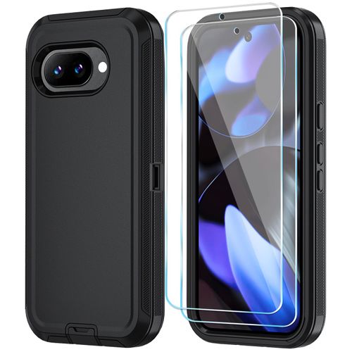 Qinmay Phone Case for Google Pixel 9A Case with HD Screen Protector, Heavy Duty Shockproof & Dropproof 3-Layer Cover Phone Case for Pixel 9A,Black