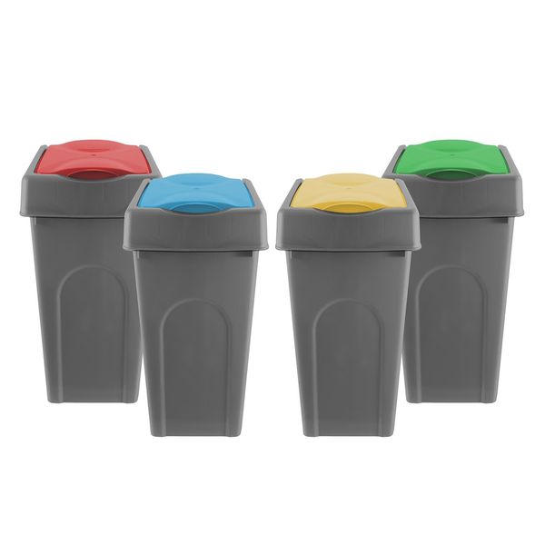 simpa 50L Grey Square Slanted Rubbish Recycling Bins - Set of 4 - with Blue, Red, Green & Yellow Lift Top Cowl Lids