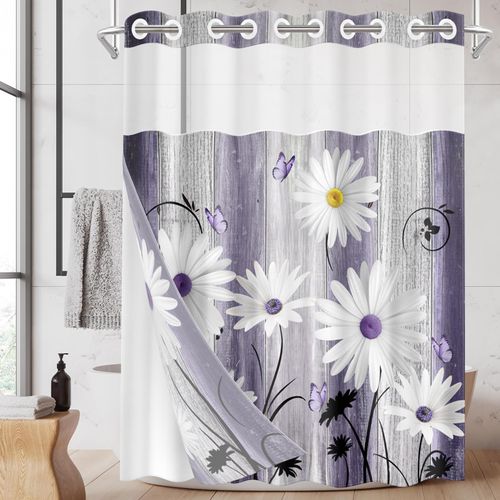 Nesphy No Hook Flower Daisy Shower Curtain with Snap in Fabric Liner Set, Purple Wooden Boards Double Layers Waterproof Fabric with See Through Top Window Open Grommet Bath Curtain 71x74 Inch