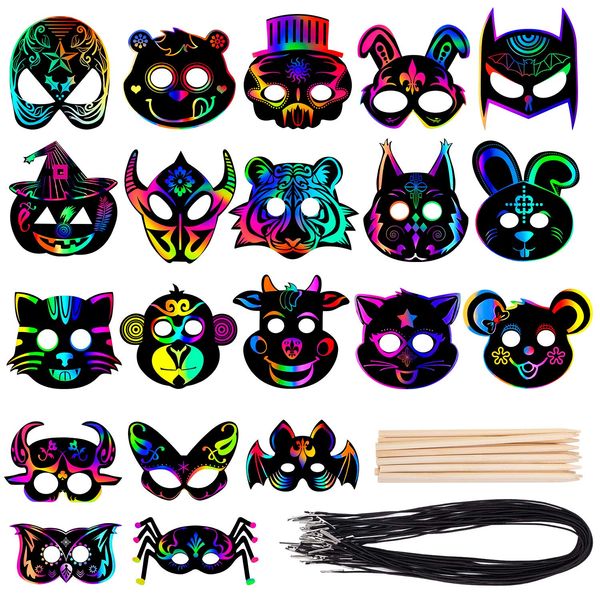 Mask Craft Kit for Kids, 52 Pcs Kids Magic Scratch Paper Animal Masks, DIY Rainbow Scratch Art Masks for Halloween and Animal Birthday Party