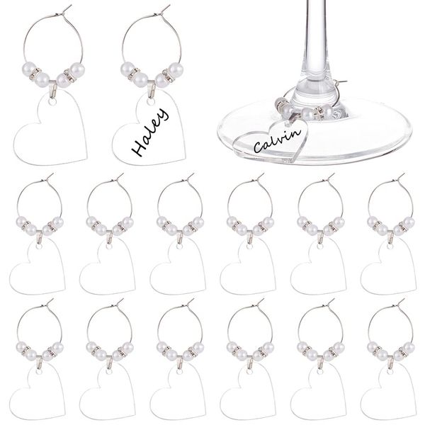 BENECREAT 20pcs White Heart-shaped Clear Wine Glass Name Charms, Acrylic Wine Glass Charms with Brass Wine Glass Charms for Glass Identification and Wine Glass Decoration