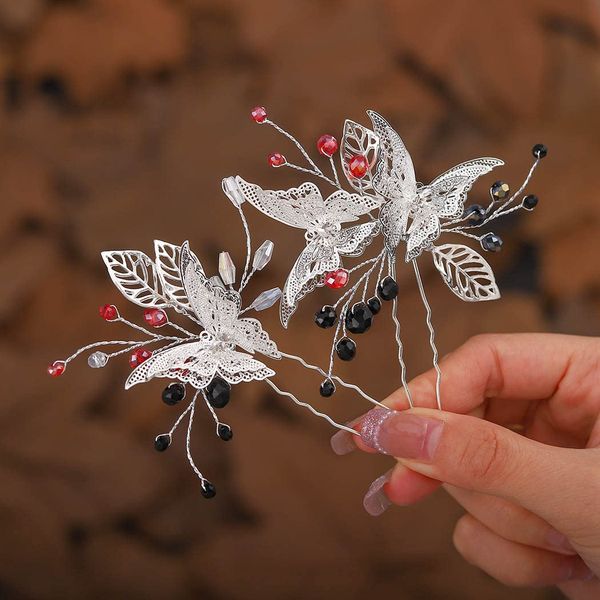 Edary Bride Wedding Hair Pins Silver Butterfly Bridal Headpieces Wedding Black Crystal Bridal Hair Accessories for Women and Girls（2 Pcs）