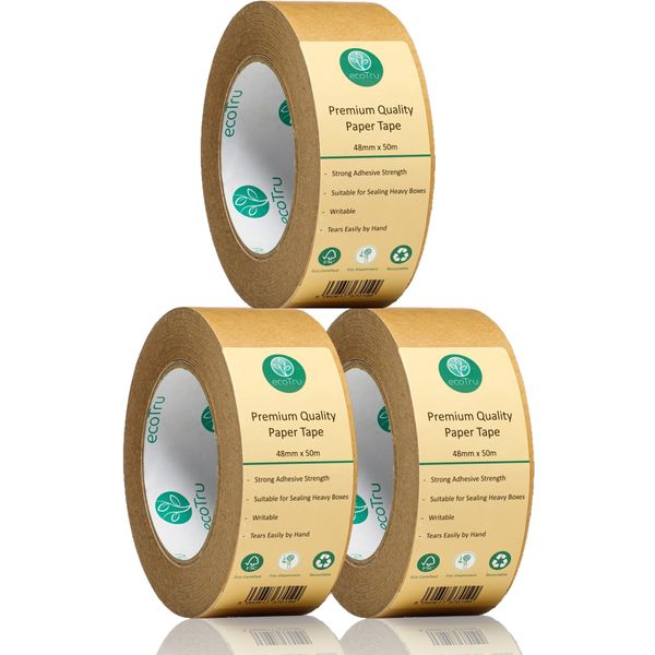 ecotru Ultra Strong Paper Packing Tape, Heavy Duty Brown Kraft Packaging Tape for Box & Carton Sealing, Shipping, Moving, Eco Friendly & Biodegradable, Writable & Uncoated, 2 Inch x 55 Yard, 3 Rolls