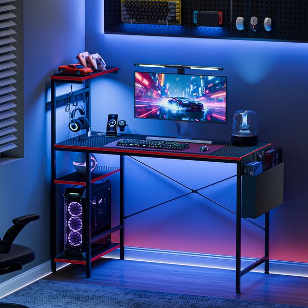 44" Reversible Gaming Desk with Power Outlet & LED Lights Corner Computer Desk