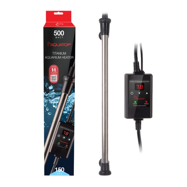 Aquatop 500W Titanium Heater with Controller - Fully Submersible For Fish Tanks Up To 150 Gallons, 68-92 Adjustable Temperature, Durable Water Heater, Aquarium Heater For Turtles & Large Fish, TH-C500