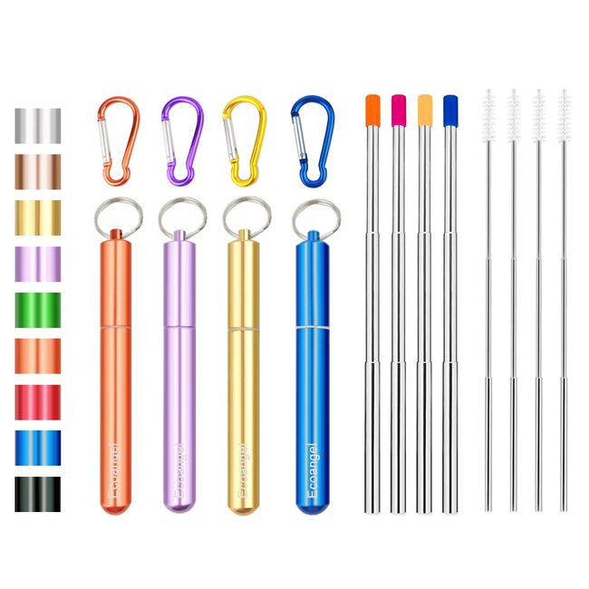 4 Pack Portable Reusable Metal Straw Collapsible Stainless Steel Drinking  Straw Telescopic Straw to Drink Water Smoothie with Aluminum Key-chain Case