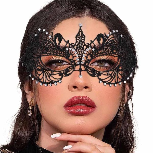 Tgirls Lace Mask for Women Rhinestone Sexy Masquerade Masks Costume Party Lace Face Mask Halloween Eye Mask (Black)