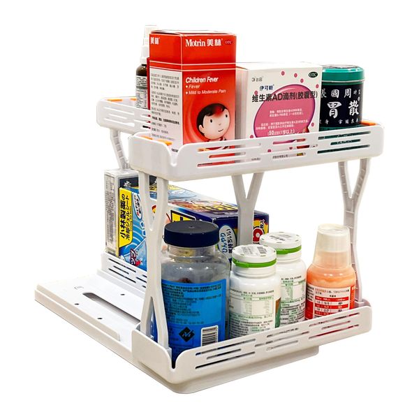 DYNAIZER 2 Tiers Pull Out Medicine Cabinet Organizer Vitamin Pill Bottle Organizers For Cabinet Small Silding & 90 Degree Rotation Deep Corner Cabinet Organizer Also Storage Makeups Skincare Products
