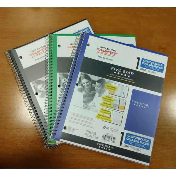 3 Pk: Five Star Customizable, College Ruled, 100 Sheets, Assorted Colors - E10E