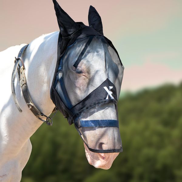 XE Horse Fly Mask with Ears –Breathable Mesh Full Face and Nose Horse Mask for UV Protection and Equine Fly, Standard Equestrian Pink Horse Fly Mask (Full Black Mask, Extra Full (XL))