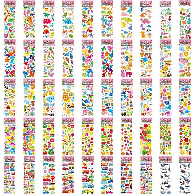 BEAUTY PLAYER 3D Stickers for Kids & Toddlers Reward Stickers for Scrapbooking Bullet Journals Animals Cars Dinosaurs Deep Sea Creatures (50 Pieces)