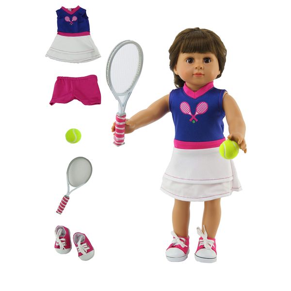 American Fashion World Purple & White Tennis Outfit Set for 18-inch Dolls| 5 Piece Set | Premium Quality & Trendy Design | Dolls Clothes | Outfit Fashions for Dolls for Popular Brands