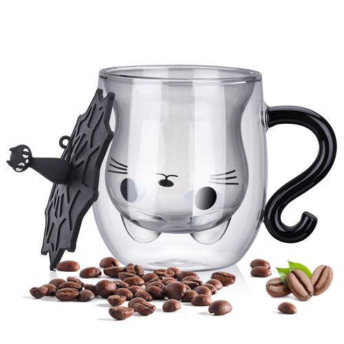 Huiguli Cat Mugs, Double Walled Glass Coffee Tea Cup, Cute Cat Milk Cup, Heat Resistant, 290ml/8.5oz, Perfect for Hot & Cold Beverages, Ideal Birthday, Christmas, or Valentine's Day Gift for Her