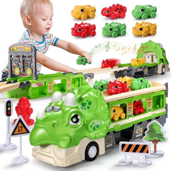 RISUNTOY Green Dinosaur Toy Car-Foldable 117cm Track with Launcher, Lights&Sounds, Safe ABS Plastic, Dual-Layer Storage,Includes 6 Mini Cars&12 Road Signs-Ideal Racing Playset for Kids Ages 3+