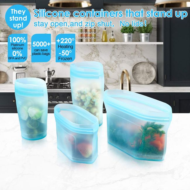  Reusable food container silicone bag, Upgrade second  generation 6 Pcs Containers Storage, 100% Silicone Food Bag, Stand Up  Preservation Rounded interior for easy cleaning.