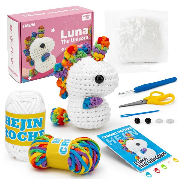 Crochet Kit for Beginners, Unicorn Crochet Kits for Kids and Adults Include Rainbow Yarn, Videos Tutorials, Eyes, and Crochet Hook - Crochet Animal Kit, Beginner Crochet Kit - Gift for Birthdays