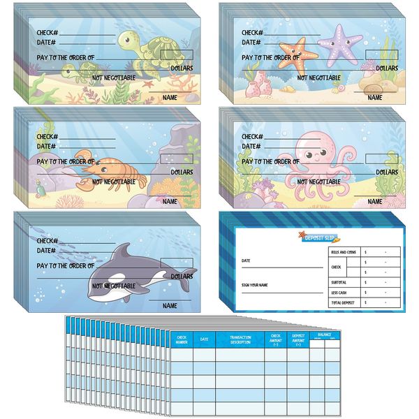 Trandraft 300 Sheets Fake Checkbook Learning with Pretend Deposit Slip and Check Register Pretend Play, School Supplies, Ocean Themed