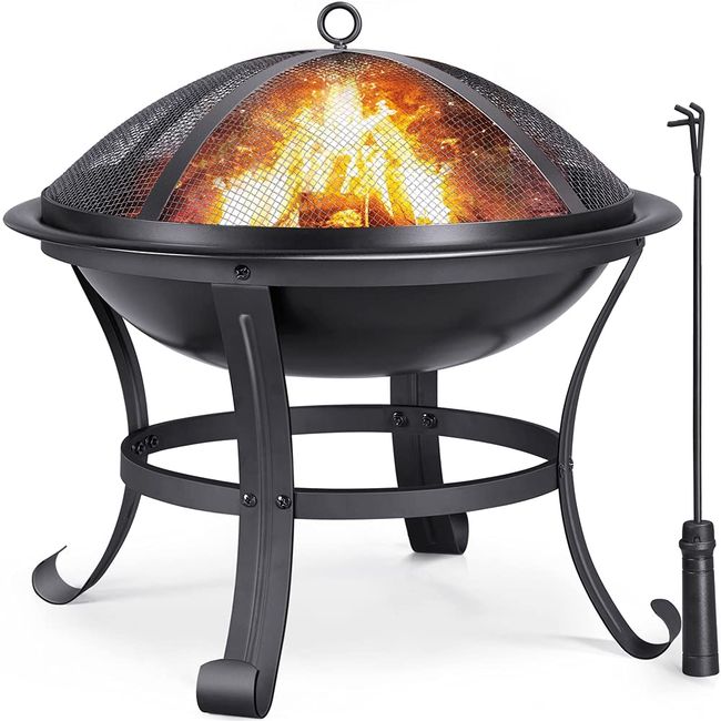 Yaheetech Fire Pit, 22in Fire Pits for Outside Wood Burning Firepit BBQ Grill Steel Fire Bowl with Spark Screen Cover, Log Grate, Poker for Camping Beach Bonfire Picnic Backyard Garden