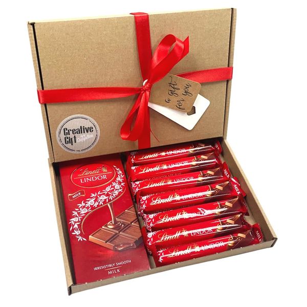 Lindt Milk Chocolate Gift Box Chocolate Bars Gift Box Hamper Present For Any Occasion (KRAFT BOX RED RIBBON)