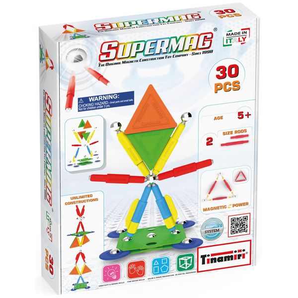 Tinamiri SUPERMAG - Multicolor 30 | Educational Construction Fun | 30 Piece Set | Europe-Made | STEM | Toy Magnetic Building Sets | Magnet Toys | Supermag 0650