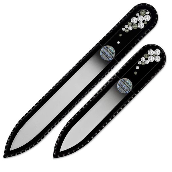 Set of 2 Swarovski Decorated Glass Nail Files, Black Velvet Case, Genuine Czech Tempered Glass, Handmade Crystal Nail File