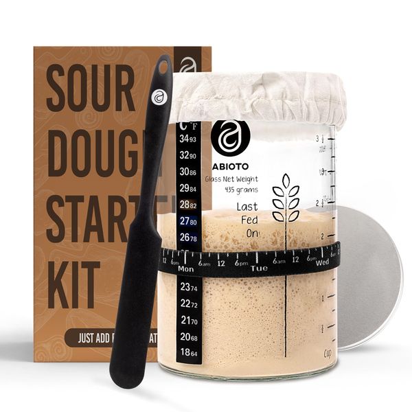 Sourdough Starter Jar Kit with 34 oz Glass Jar – Extra Thermometer Strips and Breathable Covers Included in Sourdough Starter Kit – A Perfect Sourdough Bread Starter Kit for Beginners to Expert