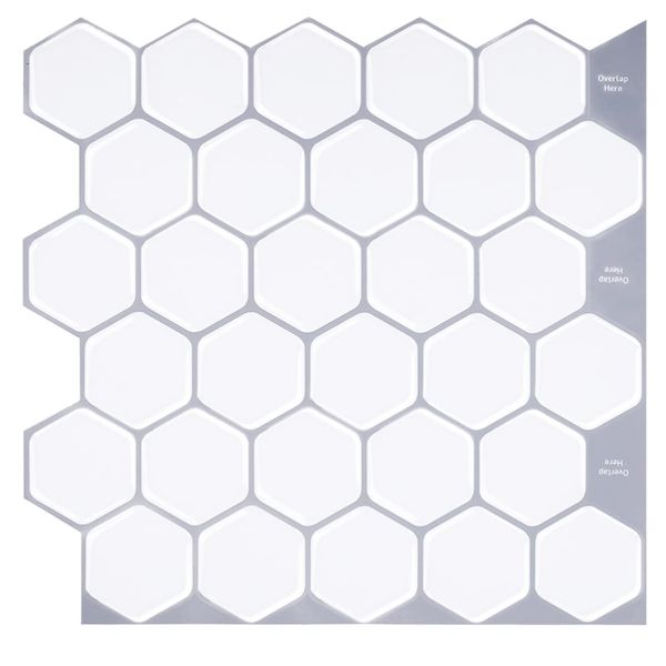 WalDecoo White Peel and Stick Hexagon Tile, 10 Sheets Premium 3D Self Adhesive Wall Tiles Stick on Backsplash, Hexagon Peel and Stick Backsplash for Kitchen and Bathroom (12" x 12").