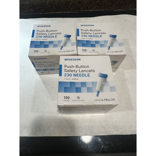 Lot of 300 McKesson Safety Lancet 23 Gauge Needle 1.8 mm Depth - 3 Boxes 100/Box