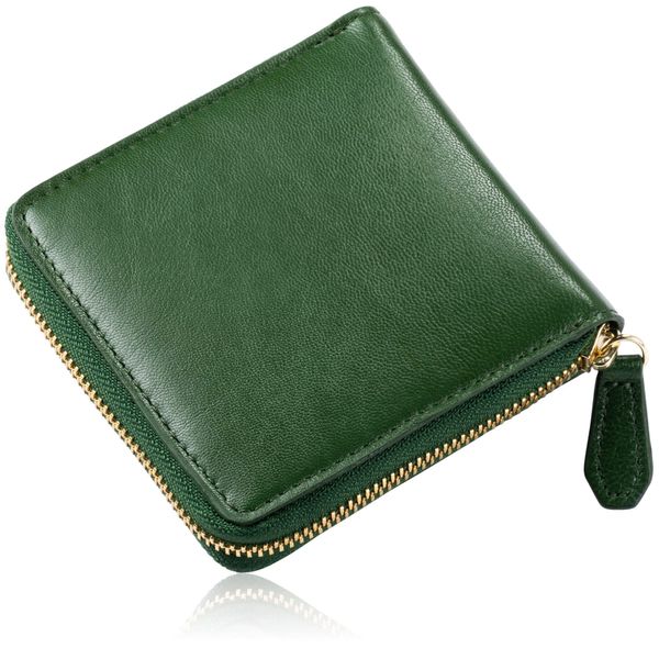 Mura Goat Leather Wallet, Women's, Bi-fold, Genuine Leather, Round Zipper, Prevents Skimming, green