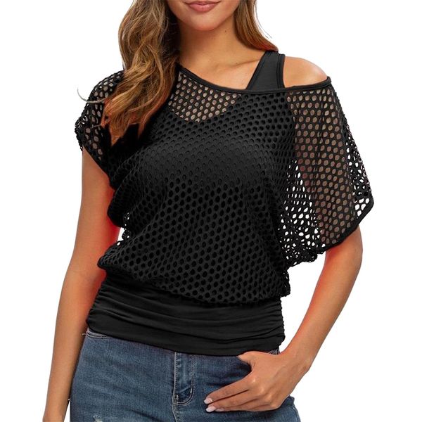 Smile Fish Women Black Sexy 80s Top Black Fishnet Off Shoulder T-Shirt,S