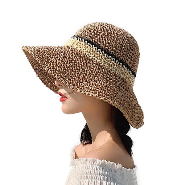 WITERY Trendy Summer Straw Sun Hat for Women Chic Panama Style Beach Hats Foldable Wide Brim Floppy Fedora UPF 50 - Packable Khaki