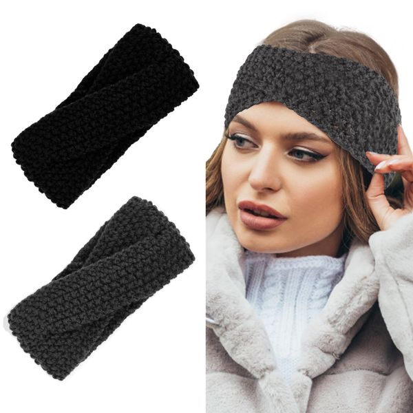 TERSE Winter Stirnbänder für Frauen, 2 Stück Elastische Mode Haarband Ohrwärmer Breit Turban Gestrickt Verdicken Headwrap Kopfband für Frauen Mädchen Skifahren