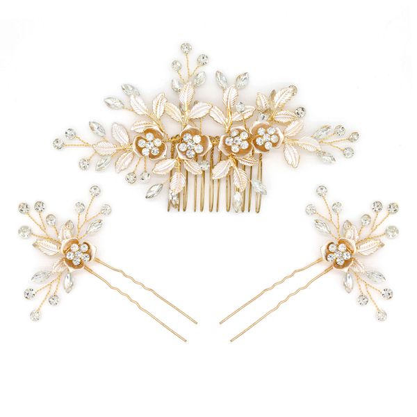 Oriamour Hair Side Combs With 2 Set Hair Pins Bridal Hair Accessories Wedding Headpiece Set (Gold)