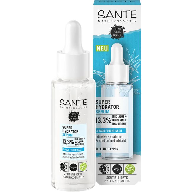 SANTE Naturkosmetik Serum mit Bio-Aloe Vera, Glycerin & Hyaluron, Für intensiv hydratisierte, erfrischte und aufgepolsterte Haut, Vegan, Super Hydrator Serum, 30 ml