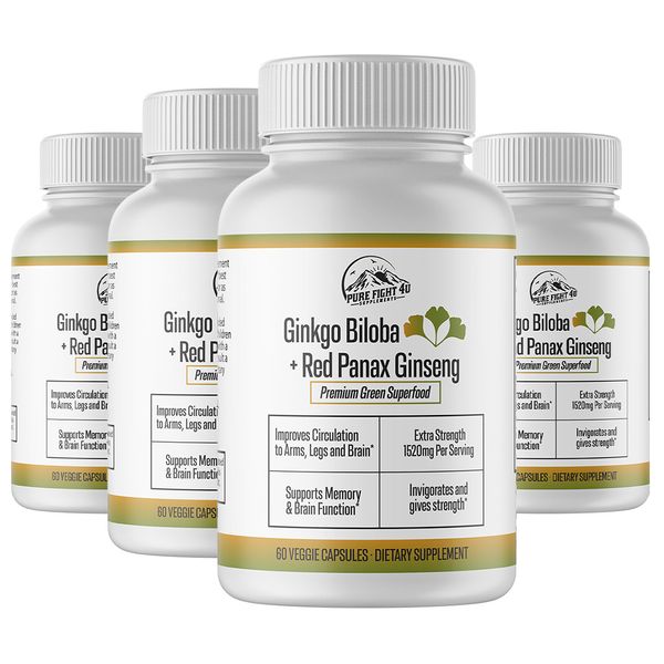 Ginkgo Biloba+Red Panax Ginseng, Helps Boost Brain Function - 4 Bottles