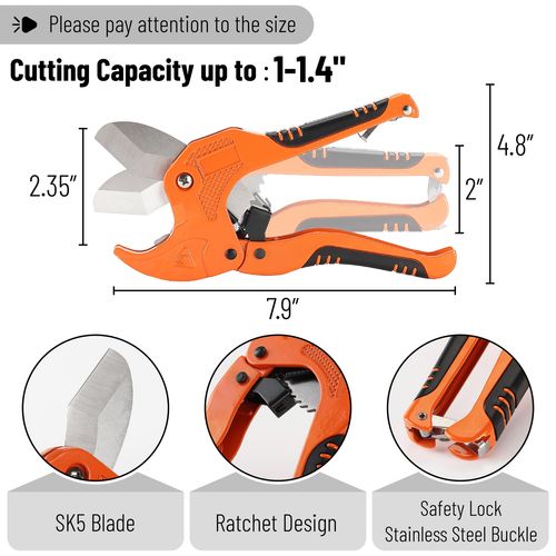 Bates- PVC Pipe Cutter, Cuts up to 1-1/4", Ratcheting PVC Pipe Cutter Tool, Pipe Cutters PVC, PVC Pipe Shears, PVC Cutter, Plastic Pipe Cutter, PEX Pipe Cutter, PVC Cutter Tool, PVC Ratchet Cutter