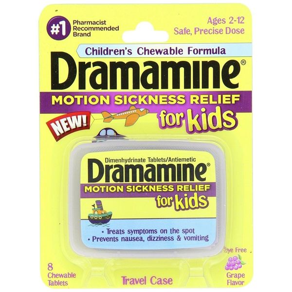 Dramamine Chewable Tablets Motion Sickness Relief for Kids Grape Flavor 8 Count