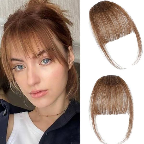 FFWTPY Haarschmuck One Piece Human Hair Clip in Pony Vorne Bang Haarverlängerung Extensions Natürliche Bangs Synthetisches Haarteil mit Schläfen für Frauen (Braun)