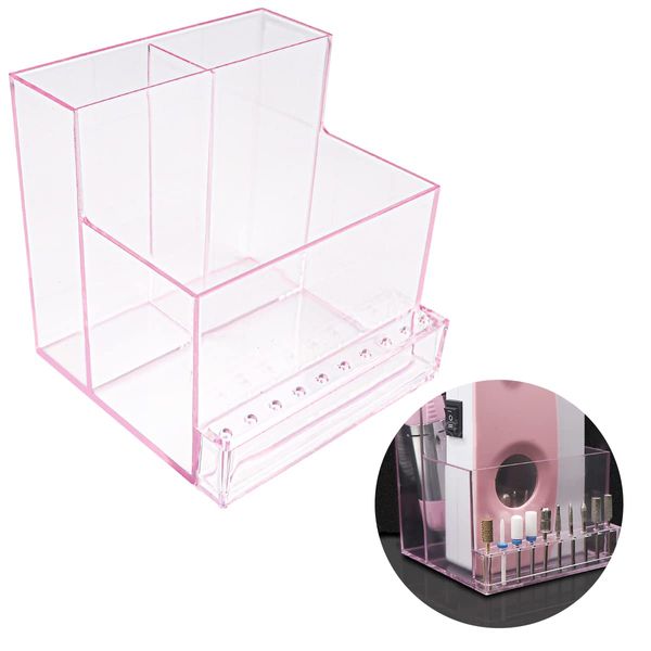 FERCAISH Acrylic Nail Tool Storage Rack, Nail Drill Grinding Bit Holder Box Stand Displayer for Nail Drill Manicure Tools (Pink)