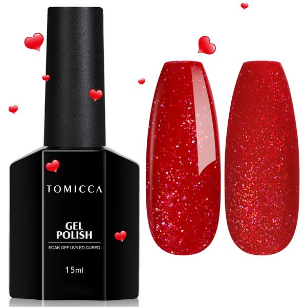 TOMICCA Glitter Gel Nail Polish, 15ML Red Glitter Gel Nail Polish, Soak Off UV LED Nail Gel Polish Nail Art Starter Manicure Salon DIY at Home