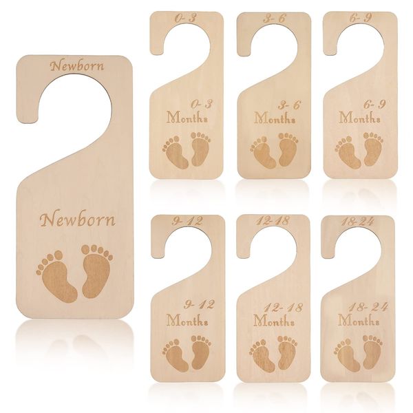 SAVITA Wooden Baby Clothes Dividers, 7pcs Wood Closet Dividers Month Baby Closet Organizer from Newborn to 24 Months, Nursery Hanger Decor for Boys Girls Infant Wardrobe (Footprint)