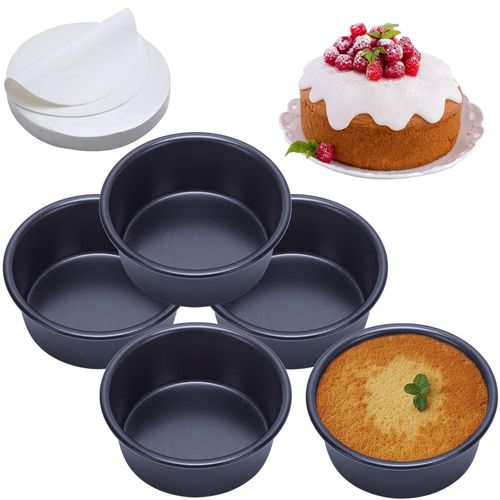 4 Inch Cake Pan Set of 5, Nonstick Cheesecake Round Cake Pans with 100 Pieces Parchment Paper, Mini Cake Tins for Baking, Non-Toxic & Leakproof Circle Cake Pan, Aluminum Material Food Grade Coating