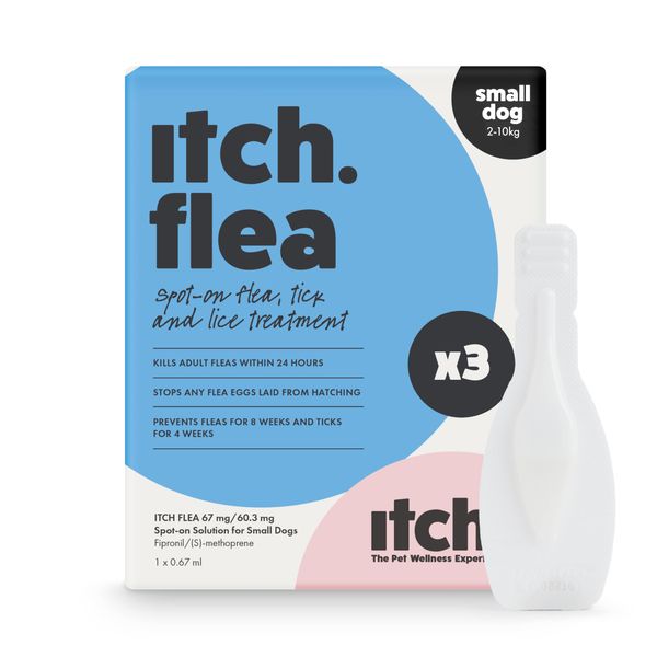 Itch | Small Dog Flea & Tick Treatment Spot-On Solution | Dogs 2kg-10kg | Kills Fleas, Lice, Ticks, Eggs and Larvae | 3 Pipettes