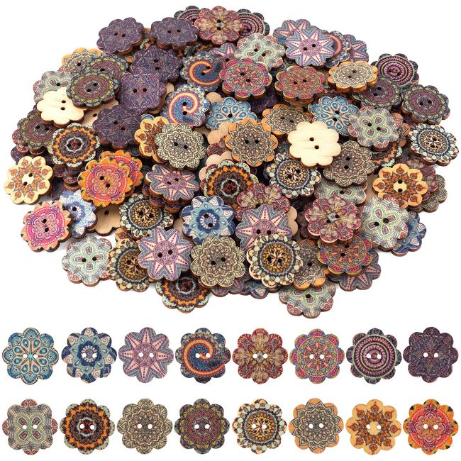 HINZIC 150Pcs 20mm Wooden Vintage Buttons, 2 Hole 3/4inch DIY Crafts Sewing Flower Painting Wood Buttons Octagon Coconut Shell Handmade Ornament Mixed Pattern for Jackets Backpacks