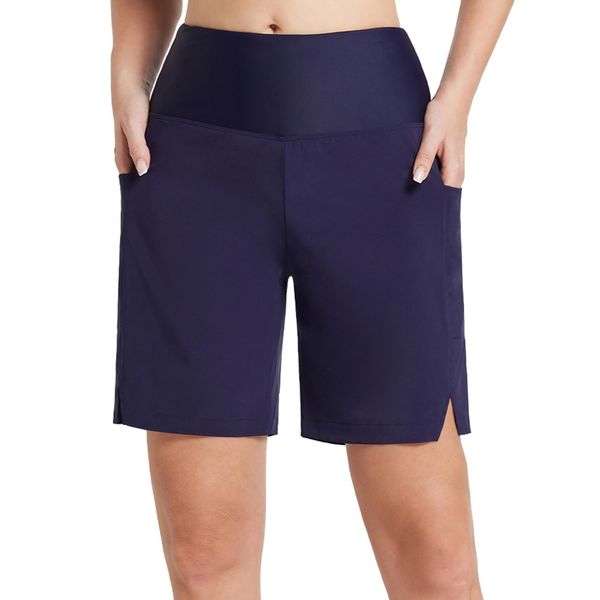 baleaf Women's Long Knee-Length Quick-Drying Swimming Trunks UV Protection UPF 50+ Swimming Trunks High Waist Board Shorts with Inner Briefs and Pockets, darkblue, L