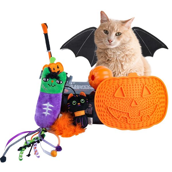 ALL FOR PAWS Halloween Cat Toy Gift Set 4 in 1 Kitten Toys Includes a Cat Wand, a Cat Treat Dispenser, A Lick Mat and A Kicker Toy, Halloween Decorations for Indoor Cats