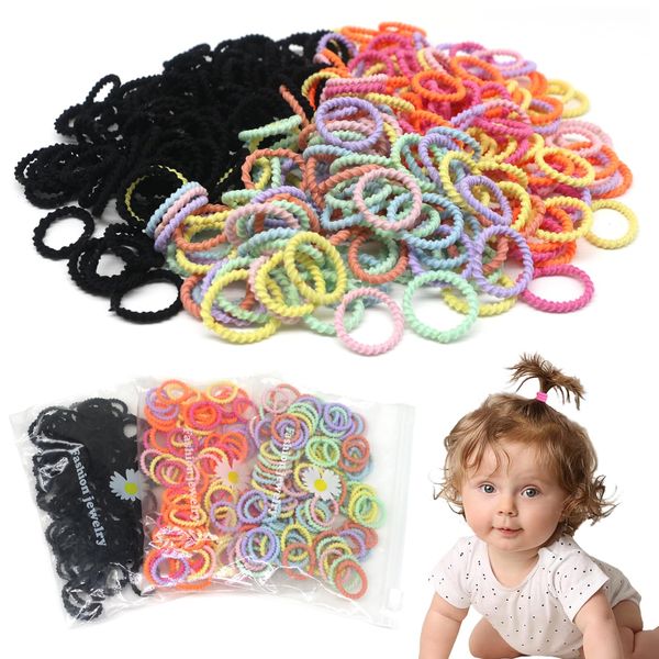 300Pcs Small Hair Ties for Baby Kids Girls Thin Hair, No Crease Toddler Soft Elastic Hair Ponytail Holders, Cute Cotton Thread Style Hair Bands 0.8inch Mini Hair Ties No Damage, BlueZOO